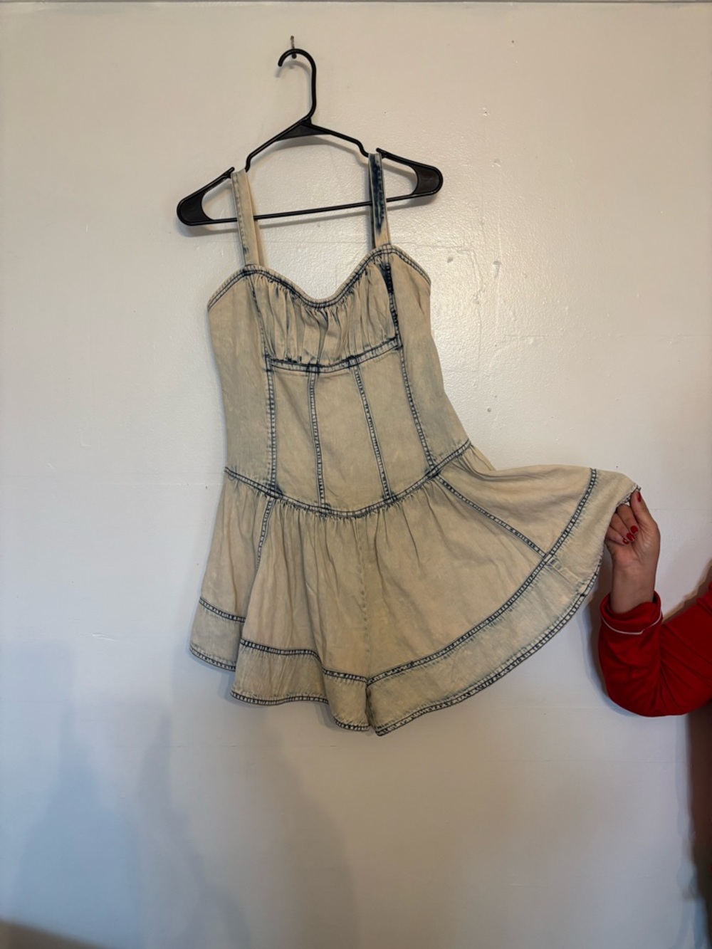 Women’s  Cream Denim shorts jumpsuit with Contrast Stitching.